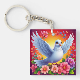🕊️ Witte Duif Bloemrijke Natuur Design Kalme Stij Sleutelhanger