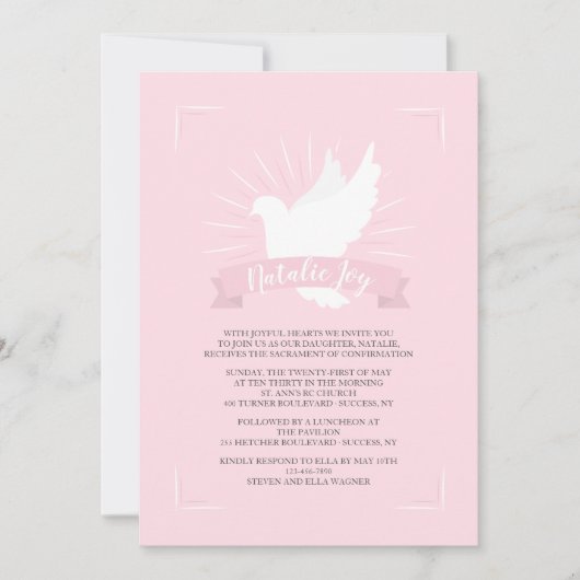 Witte duif in roze religieuze uitnodiging (Voorkant)