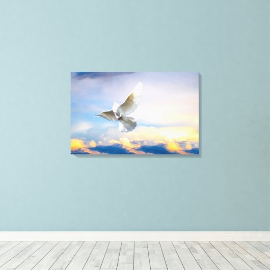 Witte duif in vlucht canvas afdruk (Insitu (Houten vloer))