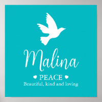 Witte duif Malina met de naam aqua