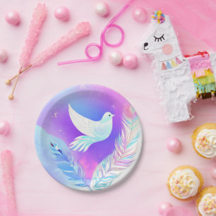 Witte duif met roze en blauwe veren papieren bordje