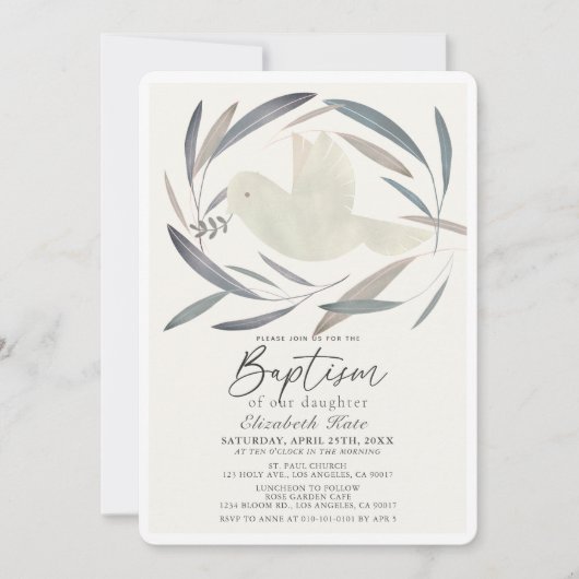 Witte Duif Olijftak Groen Doop Kaart (Voorkant)
