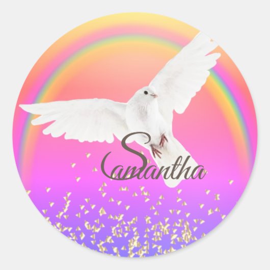 Witte duif Regenboog en gouden glitter Ronde Sticker (Voorkant)