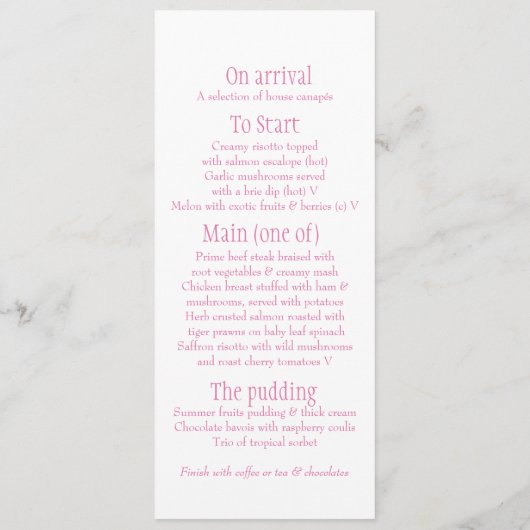 Witte duif roze en witbruiloft menu (Achterkant)