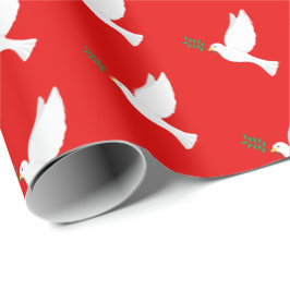 Witte duif vogel met olijftak op rood cadeaupapier