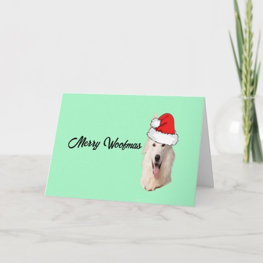 Witte Duitse Herder met een Kerstman Muts Feestdagen Kaart (Voorkant)