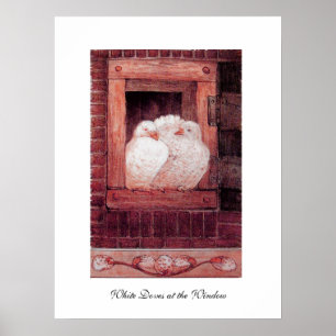 WITTE DUIVEN BIJ HET RAAM, anique rood roze Poster