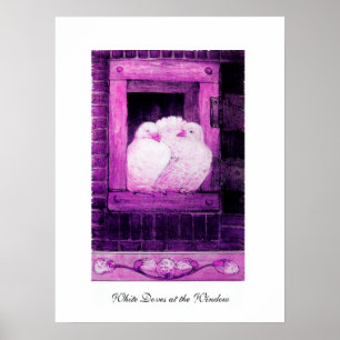 WITTE DUIVEN BIJ HET RAAM, roze paars violet Poster