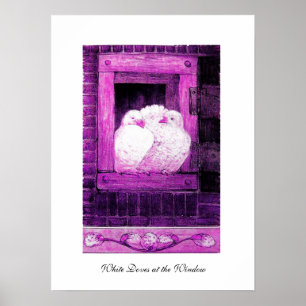 WITTE DUIVEN BIJ HET RAAM, roze paars violet Poster
