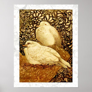 WITTE DUIVEN IN BRUINE SEPIA POSTER