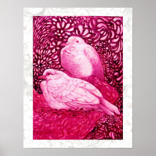 WITTE DUIVEN IN ROZE FUCHSIA POSTER