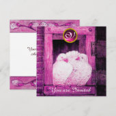 WITTE DUIVEN IN ROZE VENSTER, TROUWEDAG MONOGRAM KAART (Voorkant / Achterkant)