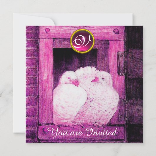 WITTE DUIVEN IN ROZE VENSTER, TROUWEDAG MONOGRAM KAART (Voorkant)