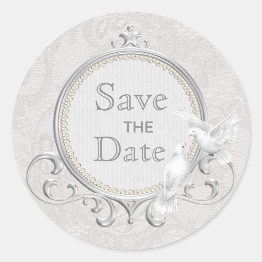 Witte duiven & Paisley Kant Save De Datum Bruiloft Ronde Sticker (Voorkant)