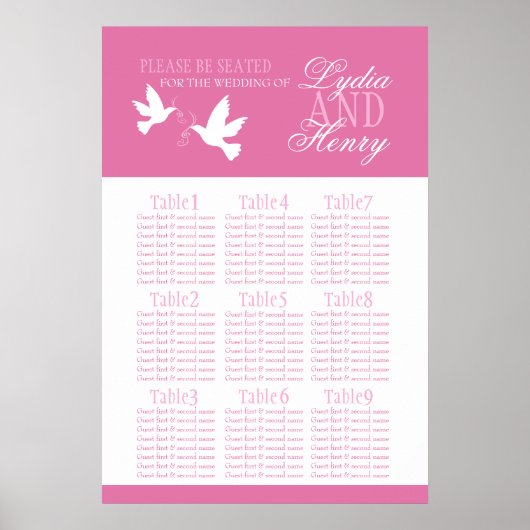Witte duiven roze trouwtafel plan 1-9 poster (Voorkant)