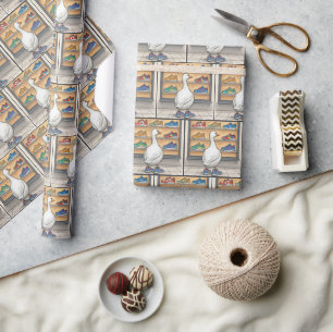 Witte eend die schoenen kijkt in een etalage cadeaupapier