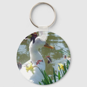 Witte eend in Daffodils met meer keyring Sleutelhanger