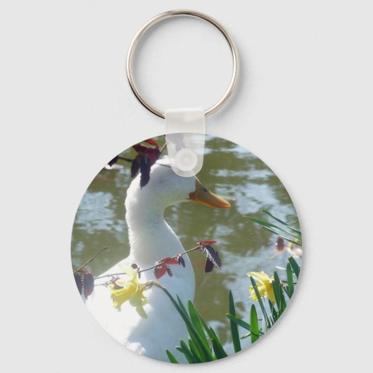 Witte eend in Daffodils met meer keyring Sleutelhanger (Voorkant)