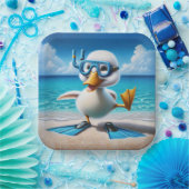 Witte eend met snorkel op het strand papieren bordje (Feest)
