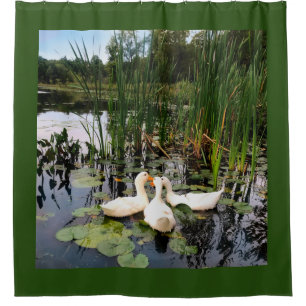 Witte eenden, lendenkussens, cattails, meeroever douchegordijn