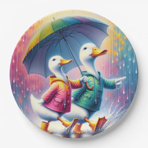 Witte eenden lopen in de regen papieren bordje