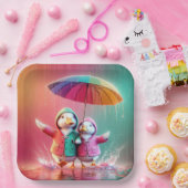 Witte eenden lopen in de regen papieren bordje (Feest)