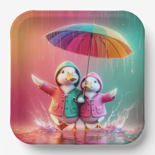 Witte eenden lopen in de regen papieren bordje (Voorkant)