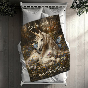 Witte Eenhoorn Blauwe Vlinderweide Floral Art Fleece Deken