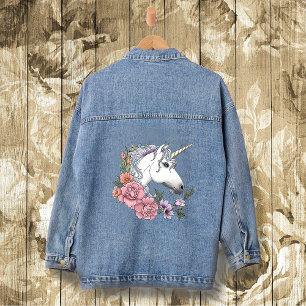 Witte Eenhoorn Bloemen Roze Zwart Denim Jacket