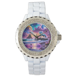 Witte eenhoorn fantasie tropisch strand horloge