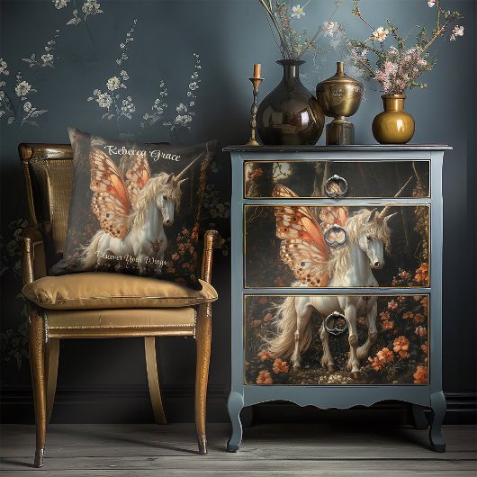 Witte Eenhoorn met Oranje Vlindervleugels Fairy Kussen