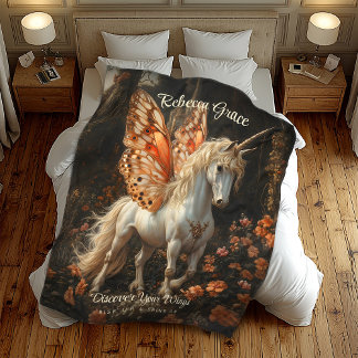 Witte Eenhoorn met Oranje Vlindervleugels Teen Fleece Deken
