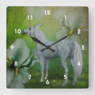 Witte Eenhoorn Paard En Bloemen Fantasie Kunst Vierkante Klok