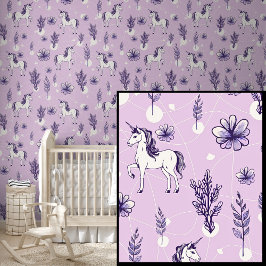 Witte Eenhoorn Paarden op Mauve Behang