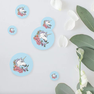 Witte eenhoorn roze bloemen blauw confetti
