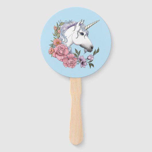 witte eenhoorn roze bloemen blauw handwaaier (Achterkant)