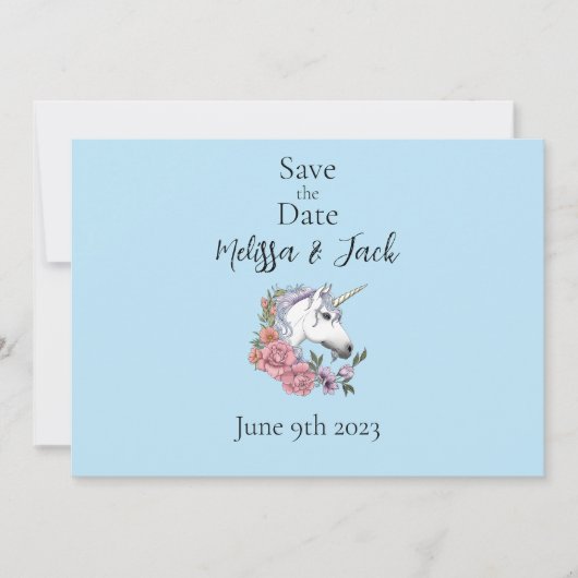 Witte eenhoorn roze bloemen blauw save the date (Voorkant)