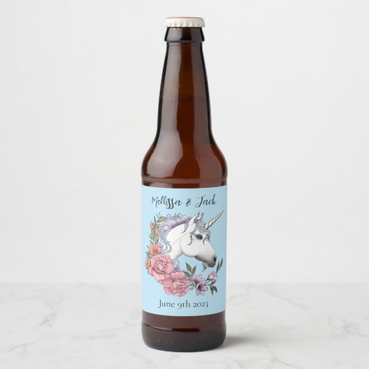 Witte Eenhoorn Roze Bloemen Blauwe Bruiloft Bier Etiket (Voorkant)
