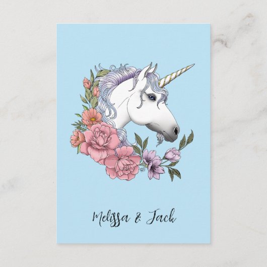 Witte Eenhoorn Roze Bloemen Blauwe Bruiloft Informatiekaartje (Achterkant)