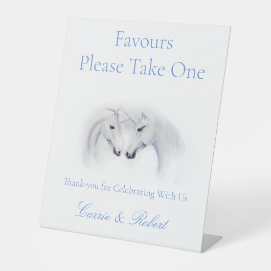 Witte Eenhoorns Liefde Paar Reclamebord Met Voetstuk (Voorkant)