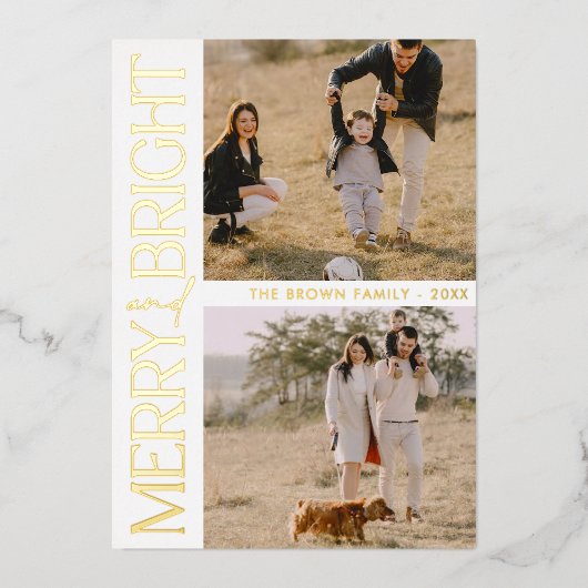 Witte Eenvoudige Foto "Merry and Bright" Tekst Folie Feestdagenkaart (Voorkant)