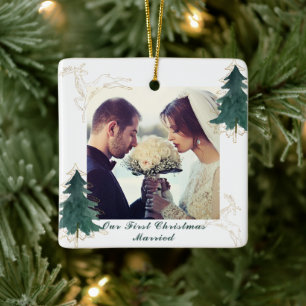 Witte Elegante Aquarel Bomen Onze Eerste Kerstmis Keramisch Ornament
