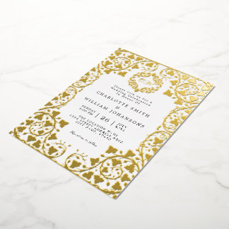 Witte Elegante Gouden Bloemrijke Frame Initiële Tr Folie Uitnodiging