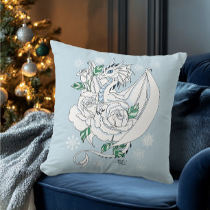 Witte Elegante Ijsdraak Blauwe Rozen Fantasie Kussen