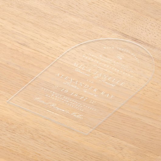 Witte Elegante Kalligrafie Formele Trouwboog Acryl Uitnodigingen (Laagn)