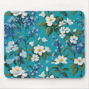 Witte en blauwe bloemen met turquoise achtergrond  muismat