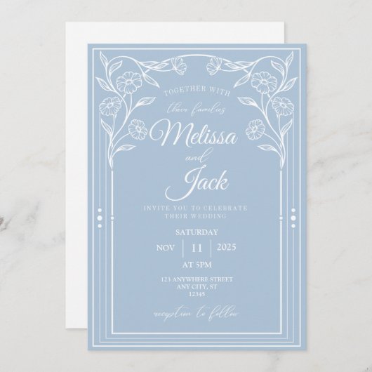 Witte en blauwe bruiloftsuitnodiging kaart (Voorkant / Achterkant)