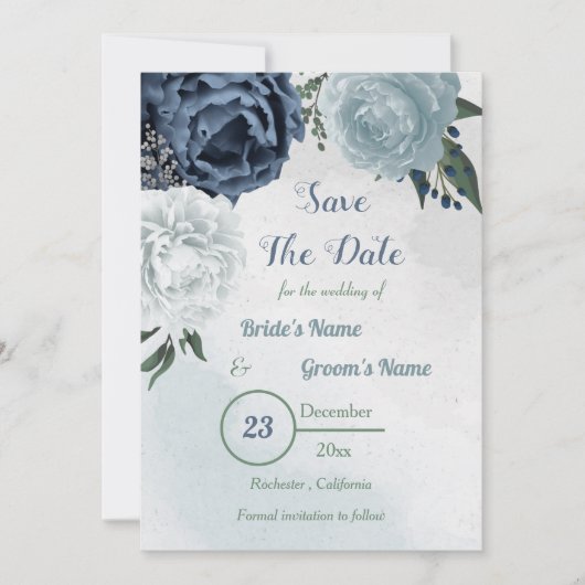 witte en blauwe florale griep save the date (Voorkant)