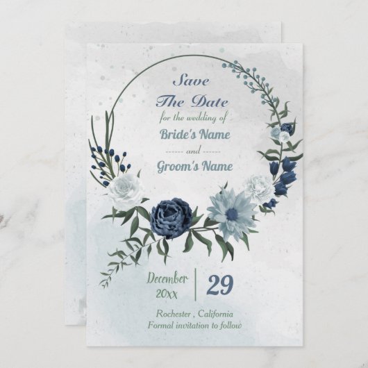 witte en blauwe groenblauw save the date (Voorkant / Achterkant)