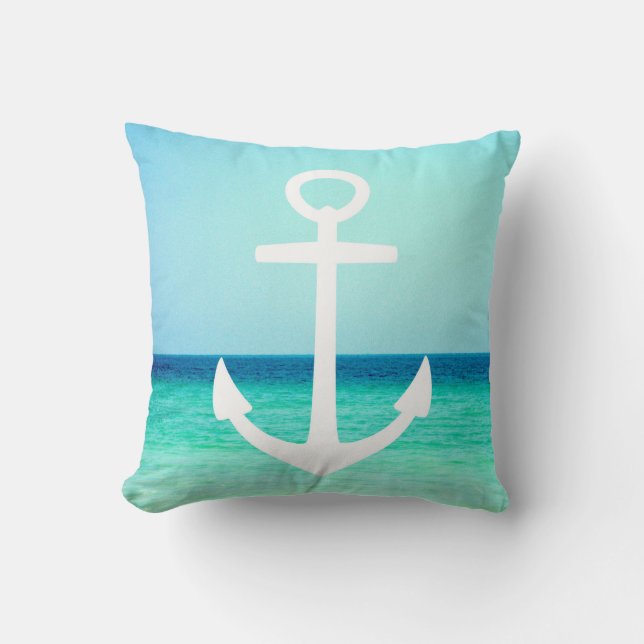 Witte en Blauwe Nautical Anchor Pillow Kussen (Voorkant)